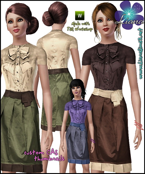 Elegant and classy satin outfit featuring a romantic ruffle shirt and a flatering skirt. 3 color variations, recolorable, custom cas thumbnails and custom mesh.