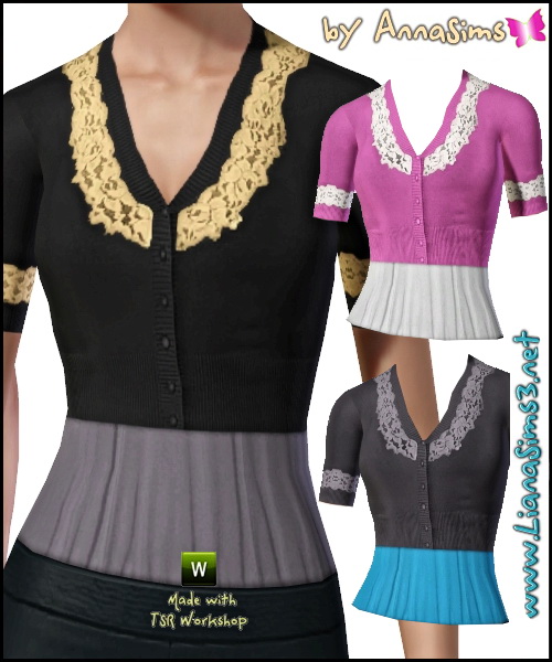 Short lace trim tie sweater featuring an underneath simple top, 3 color combinations, 3 recolorable areas