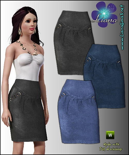 Denim skirt featuring antique finish metal studs on the sides, recolorable, 3 color variations included, custom launcher and CAS thumbnails, new custom mesh included!