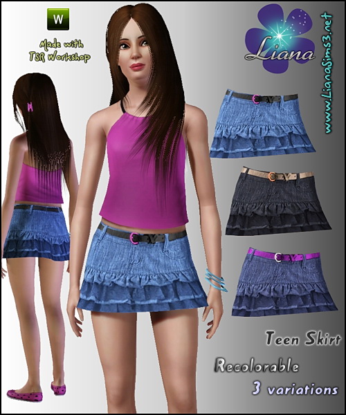 Teen denim mini ruffle skirt featuring a skinny belt.