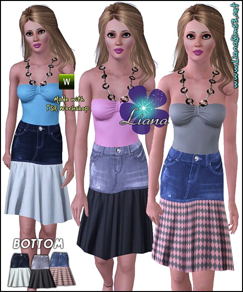 Cotton and denim skirt in 3 combinations, recolorable.