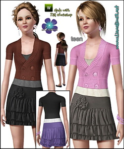 Teen everyday outfit featuring a beautiful skirt, shirt and a cosy cardigan. Recolorable.