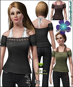 Off shoulder blouse featuring a halter underneath, recolorable.