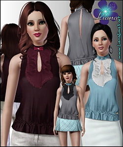 Turtle neck satin top with front ruffles and a small bow on the neck, recolorable!