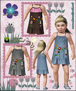 Denim embroidered toddler dress, recolorable.