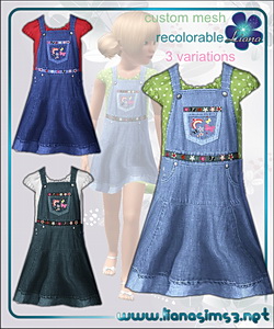 Denim jumper dress dress with embroidered flowers for girls, recolorable 