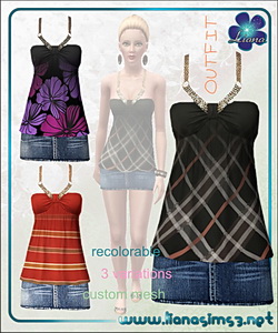 Outfit with mini denim skirt and babydoll top, 3 variations, recolorable