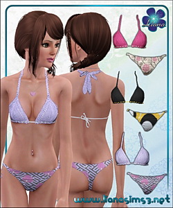 Mix and match swimwear featuring a crochet bra and patterned bikini, recolorable.