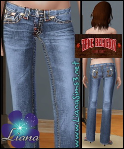 True Religion very detailed low rise boot cut jeans with multi colored chunky stitching for sims3.