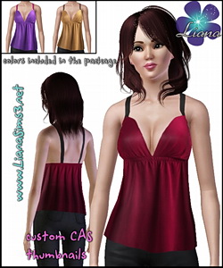 Change up your sims usual style and flip them up into this unique deep v-neck top! New mesh and 3 color variations included in the package.