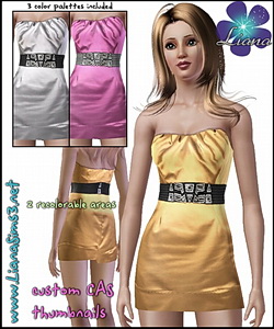 Get your sims ready for the next party event with this mini satin dress featuring a large stretch belt with silver details! 3 color palettes included and custom mesh!