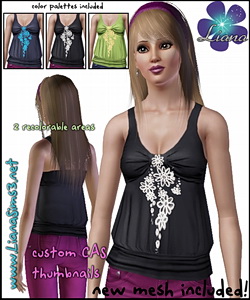 Sleeveless shirt featuring an embroidered trim and a new mesh included! 3 color variations included and custom CAS thumbnails.