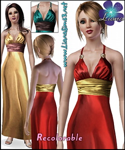 Satin long lenght dress with golden brooches details on the straps, 3 color variations included in the pack, custom mesh, recolorable.