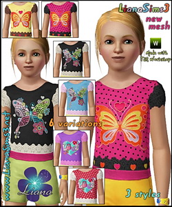 Joyful girl top with butterflies and hearts - 3 styles included, 6 color variations, recolorable, new mesh included, made with TSR Worshop.