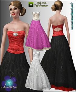 Formal embroidered princess dress featuring a brooched corset and open back. Recolorable, 3 color variations included.