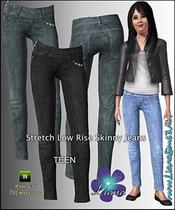 Stretch low rise skinny jeans for TEENS (conversion from adult requested), recolorable, 3 color variations included.